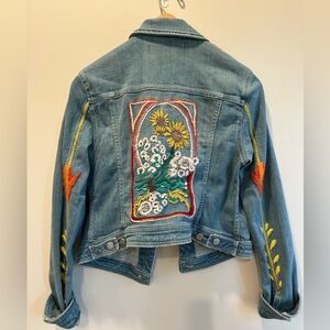 Anthropologie Pilcro Cropped Jean Jacket with Embroidery, Sz Medium
